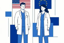 Lekarze w fartuchach z flagami UE i USA symbolizują porównanie polityki cen leków między Europą a Stanami Zjednoczonymi.