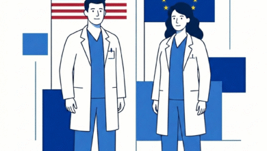 Lekarze w fartuchach z flagami UE i USA symbolizują porównanie polityki cen leków między Europą a Stanami Zjednoczonymi.