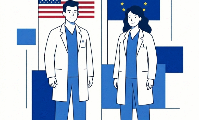 Lekarze w fartuchach z flagami UE i USA symbolizują porównanie polityki cen leków między Europą a Stanami Zjednoczonymi.